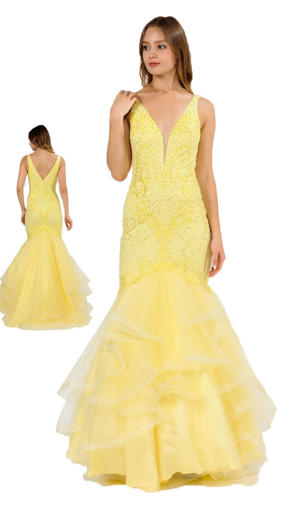A woman models the Embroidered V-Neck Mermaid Formal Prom Dress 8320 in yellow, featuring a deep V-neckline, open back, and layered tulle skirt, shown from both front and back views.